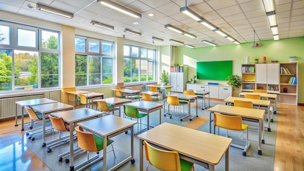 a classroom with a green wall that says  school