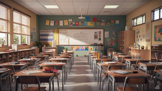 a classroom with a green wall with many posters on it