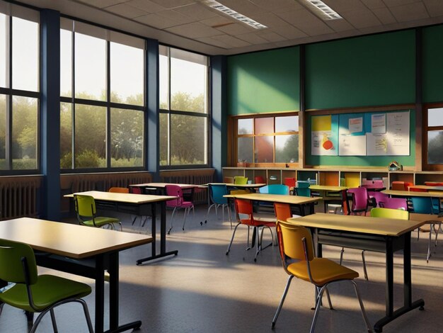 a classroom with a green wall with pictures on it