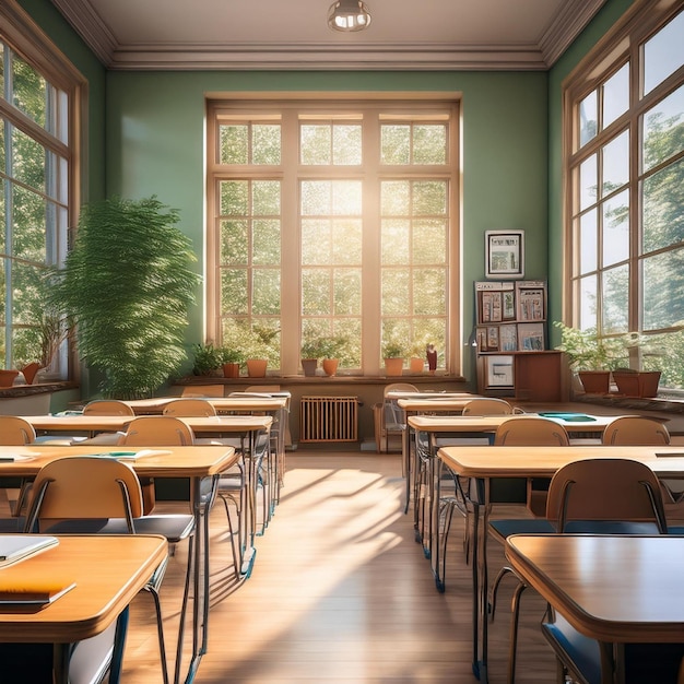 a classroom with a green wall with a window that says quot no exit quot