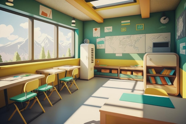 Classroom with green walls and yellow chairs Generative AI