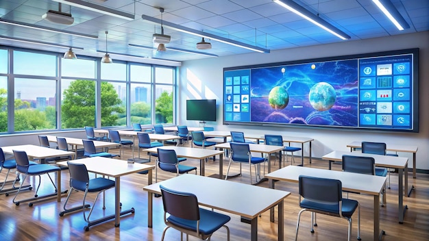 a classroom with a large mural on the wall and a large screen with a picture of a planet on it