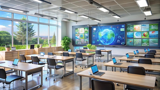 a classroom with a large screen that says earth and the earth