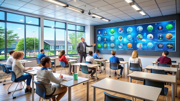 Photo a classroom with a large screen that says earth and earth