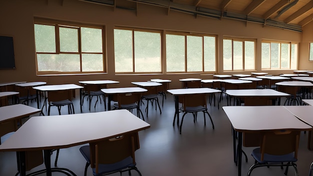 A classroom with a large window that says'the word " on it.