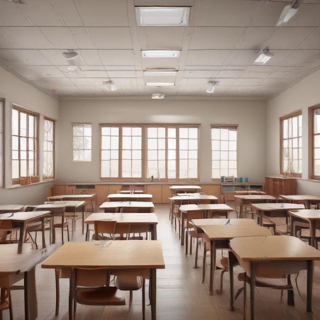 a classroom with a lot of desks and windows with the sun shining through