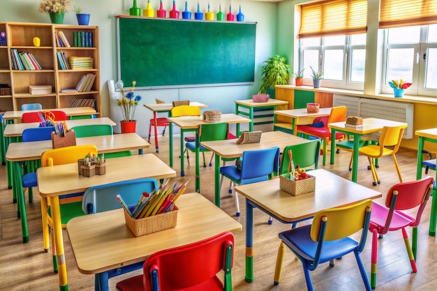 a classroom with many colorful desks and a green board with the word quot on it