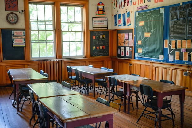 Classroom with many tables chairs and chalkboard