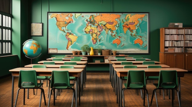 Photo a classroom with a map of the world on the wall