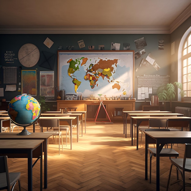 a classroom with a map of the world on the wall