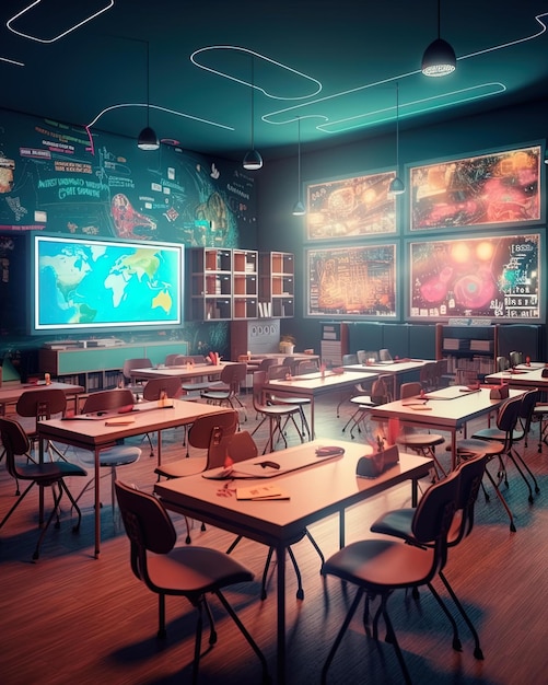 Photo a classroom with a map of the world on the wall