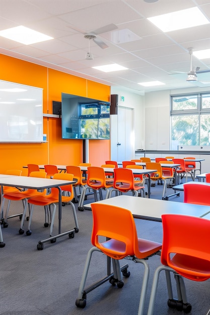 Photo a classroom with orange chairs and tables