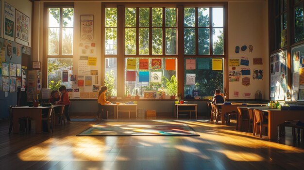 a classroom with a painting of children sitting on the floor and a picture of a child sitting in fr