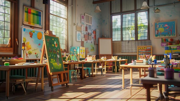 a classroom with a painting on the wall and a picture of a bird on the easel