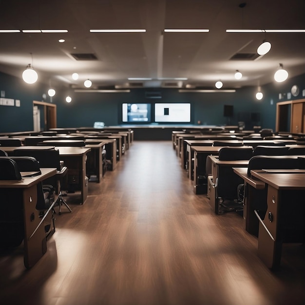 a classroom with a projector screen