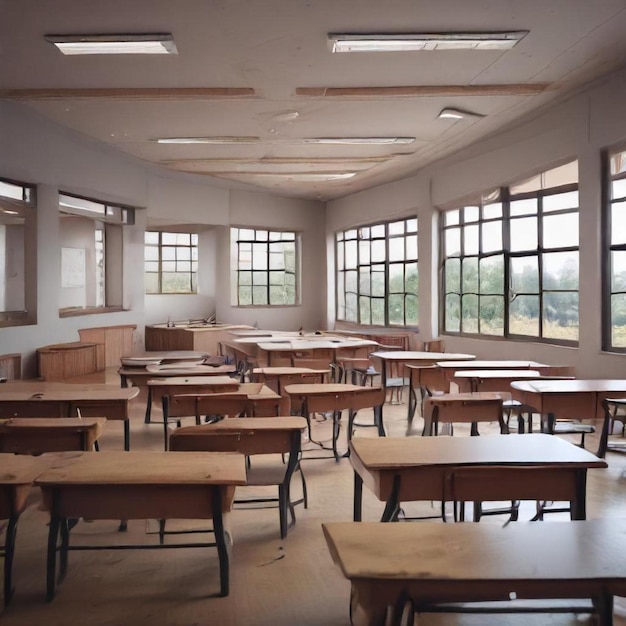 a classroom with a row of desks and windows with the sun shining through