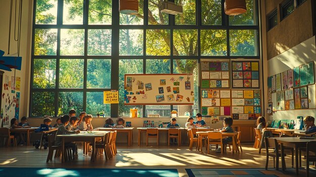 Photo a classroom with a school board with children sitting at the back of it