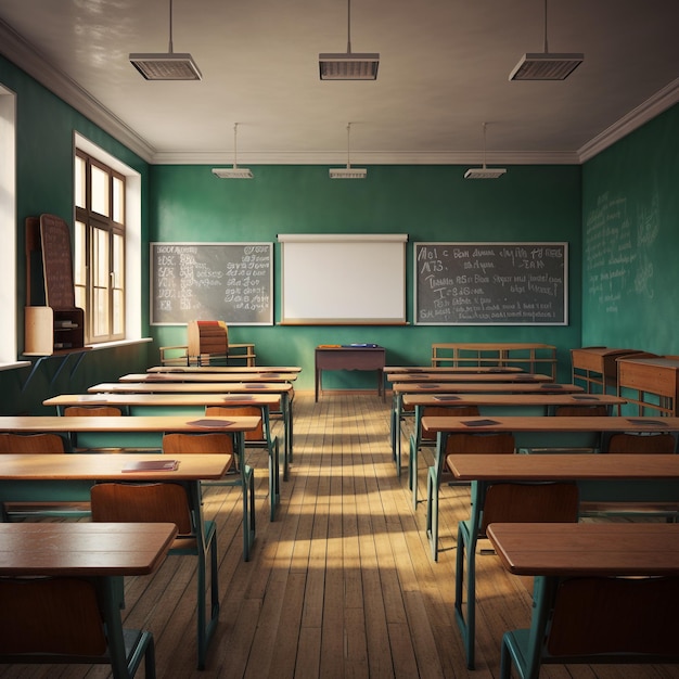 Classroom with school desks and green board