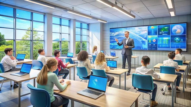 Photo a classroom with a screen that says quot the mountain quot