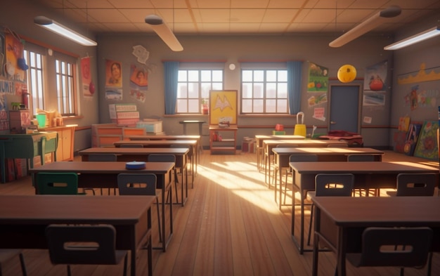 A classroom with a sign that says'school'on it