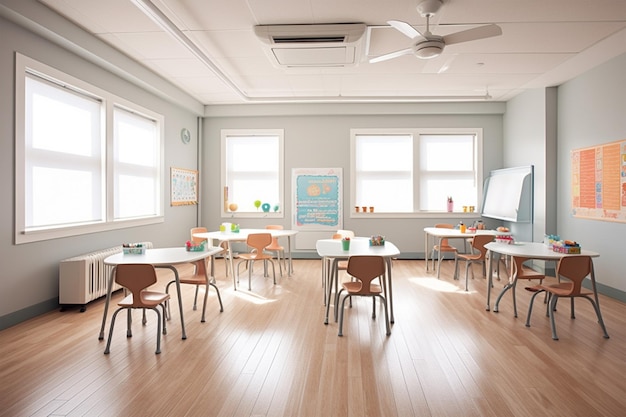 A classroom with a sign on the wall that says " the word " on the wall "