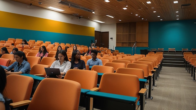 a classroom with students in the middle of it