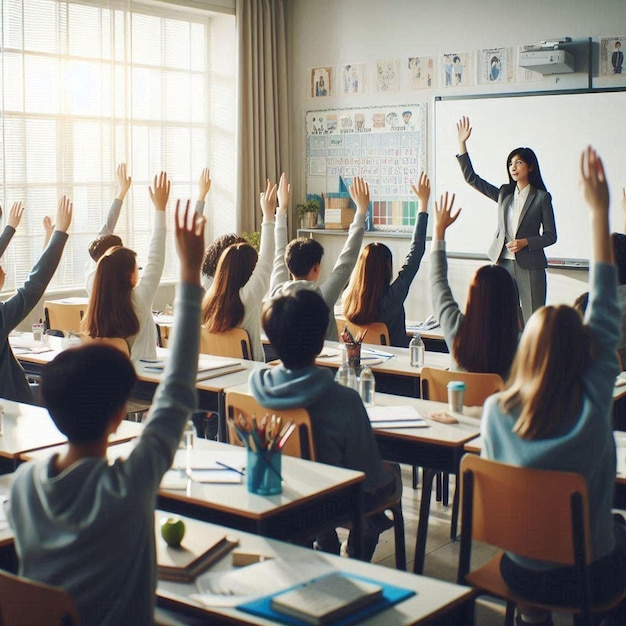 Photo classroom with students raising their hand