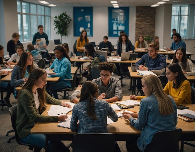 a classroom with students and a teacher in the background