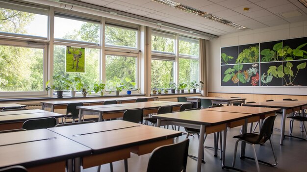 a classroom with tables and chairs and a plant on the wall