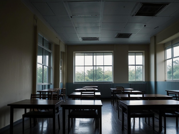 a classroom with tables and chairs with a ceiling fan on the top