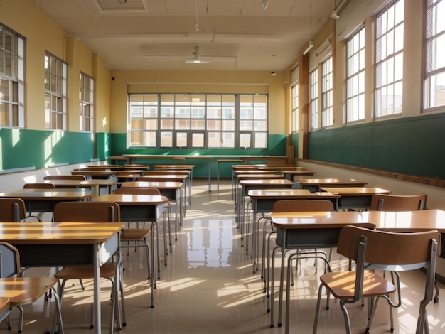 A classroom with tables and chairs with a green board in the middle