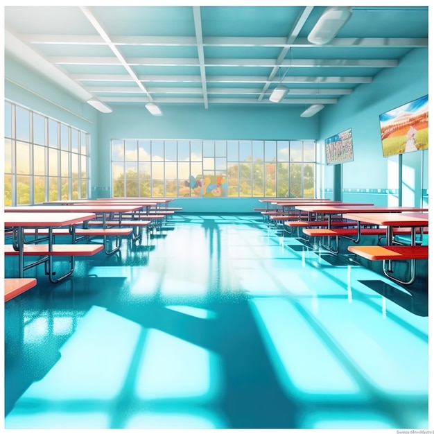 Photo a classroom with tables and chairs with a painting of a sun shining on the floor