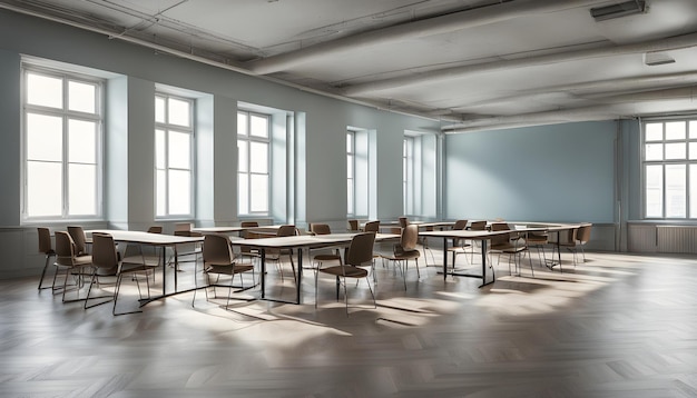 a classroom with tables and chairs with tables and chairs