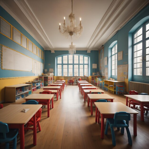 A classroom with tables and chairs with a yellow board on the wall.