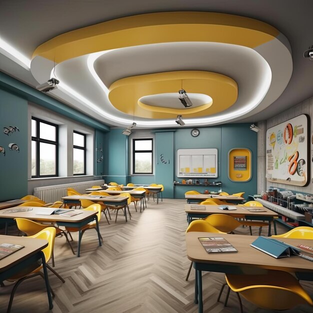 Photo a classroom with tables and chairs with a yellow ceiling that saysthe word arton it