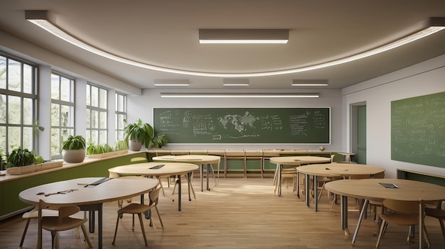 a classroom with tables and a chalkboard with the words quot world quot on the wall