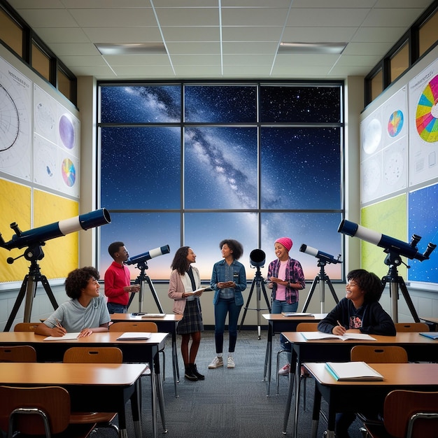 Photo classroom with telescopes and star charts students gazing at the night sky