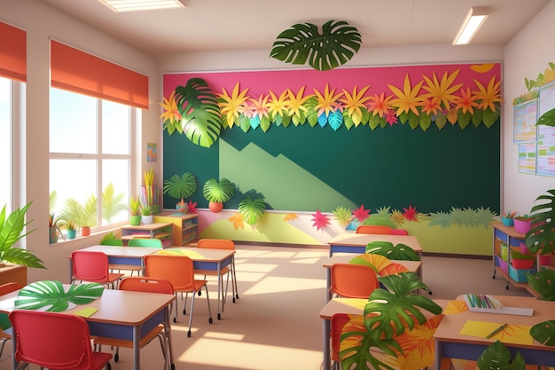 A classroom with a tropical theme on the wall