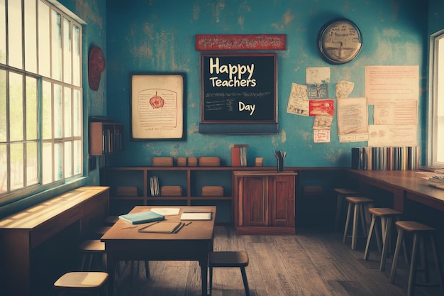 Photo classroom with vintage decor including desks and a blackboard that says happy teachers day inside view