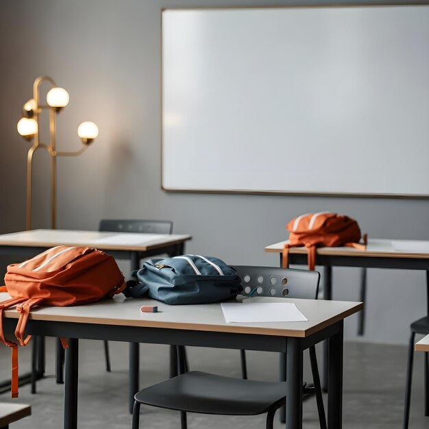 Photo a classroom with a white board that says  backpack