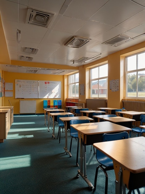 a classroom with a white board that says no