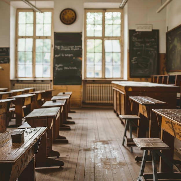 Photo a classroom with wooden desks and chairs a clock on the wall and a chalkboard