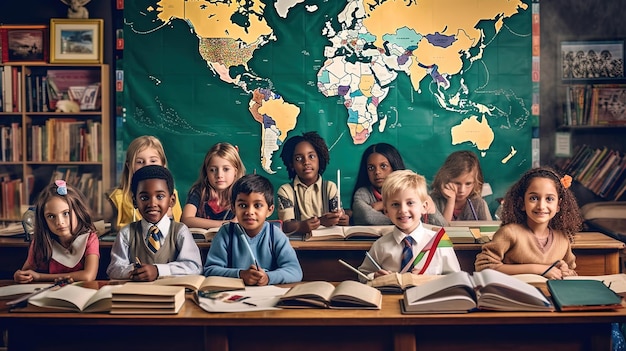 a classroom with a world map and a world map on the wall