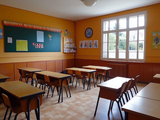 a classroom with a yellow board with the word on it