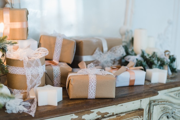 Classy Christmas hand made gifts box presents with brown bows