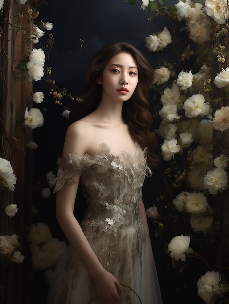 Classy classic beautiful woman standing in front of flowers