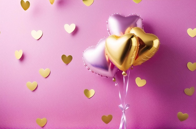 Classy Heart Balloons Decorated Background Pastel and Gold Valentine Day Birthday Party Celebrations Generative AI