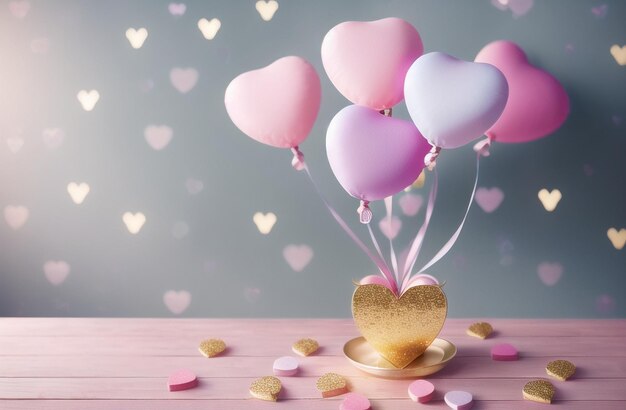 Classy Heart Balloons Decorated Background Pastel and Gold Valentine Day Birthday Party Celebrations Generative AI