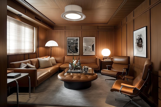 Classy woodpaneled den with leather furniture and sleek decor created with generative ai