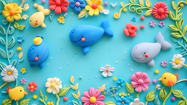 Clay art depicting a whimsical scene of whales swimming in a field of flowers